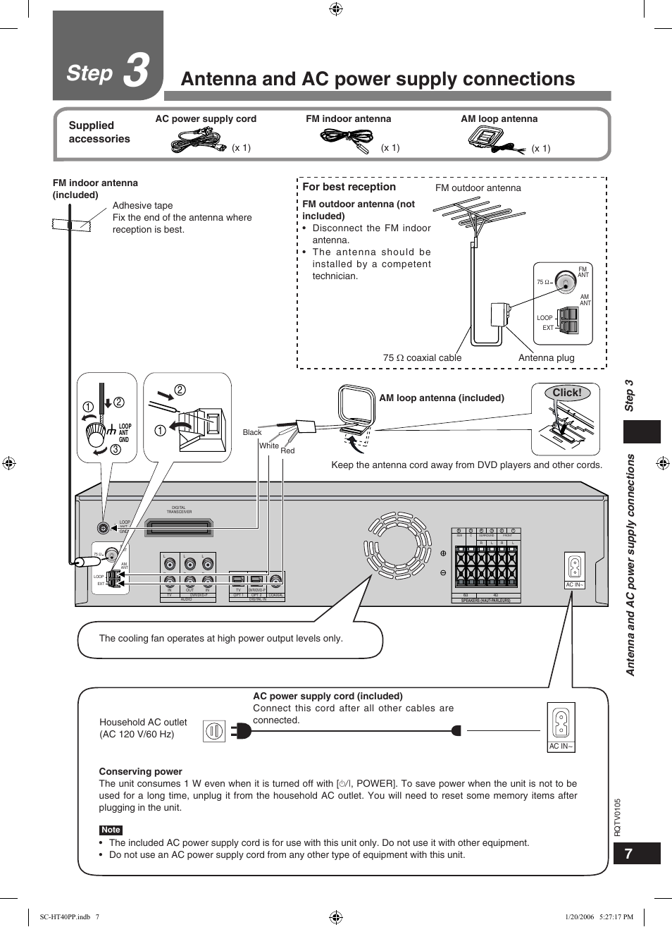 Step, Antenna and ac power supply connections, Antenna and ac power supply connections step 3 | Click, For best reception, Supplied accessories | Panasonic SC-HT40 User Manual | Page 7 / 24