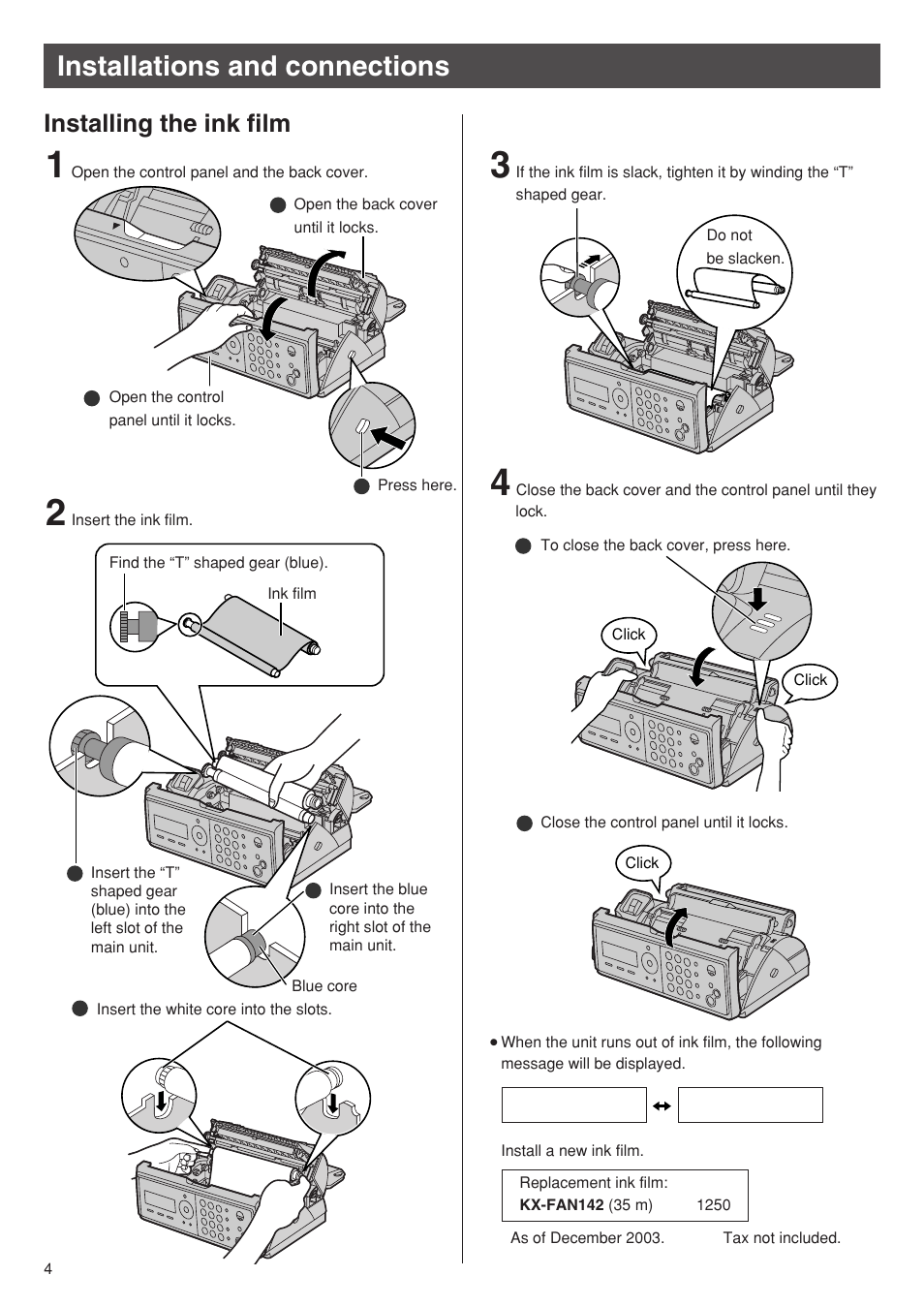 Installations and connections, Installing the ink film | Panasonic KX-PW501DW User Manual | Page 4 / 20