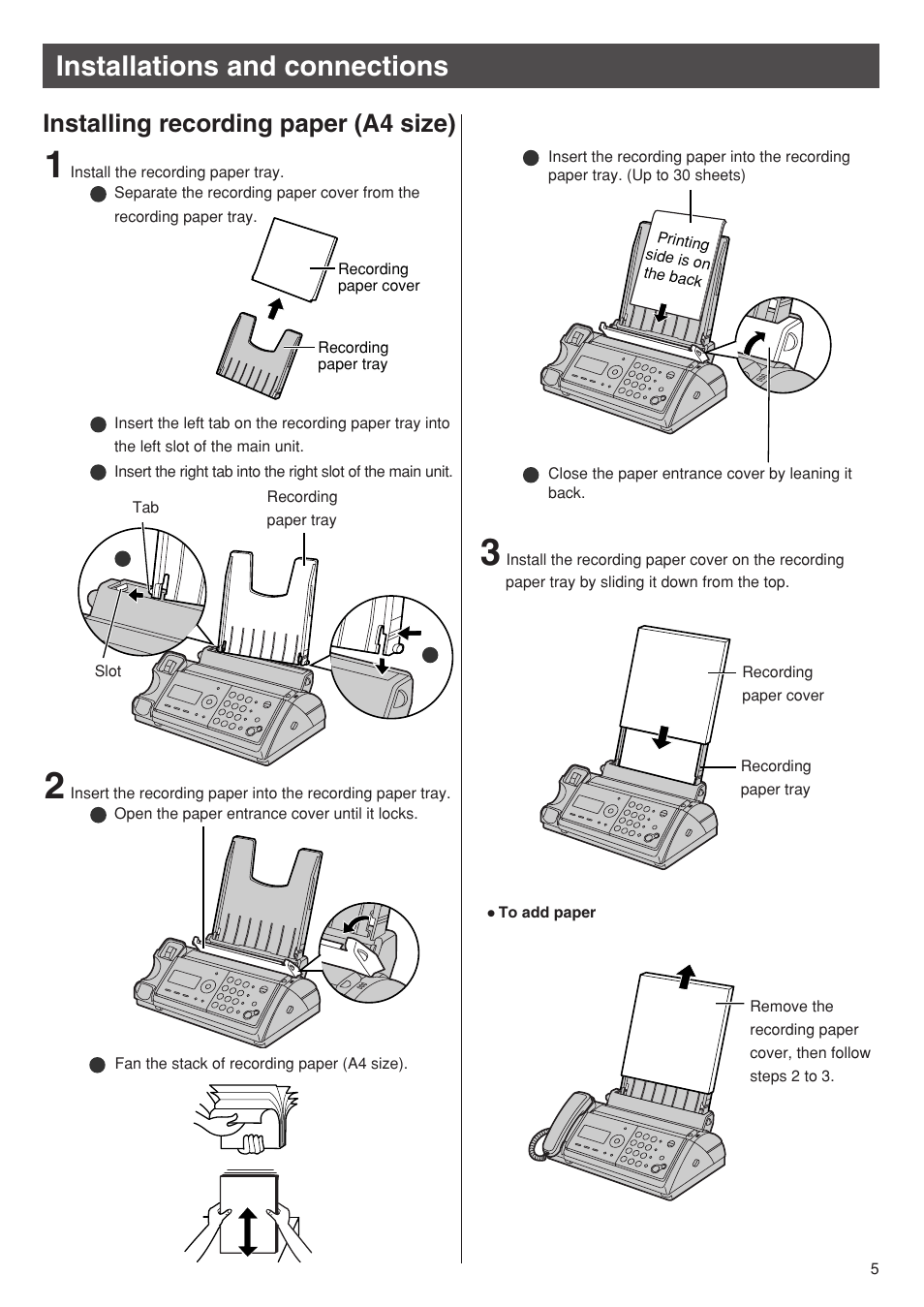 Installations and connections, Installing recording paper (a4 size) | Panasonic KX-PW501DW User Manual | Page 5 / 20