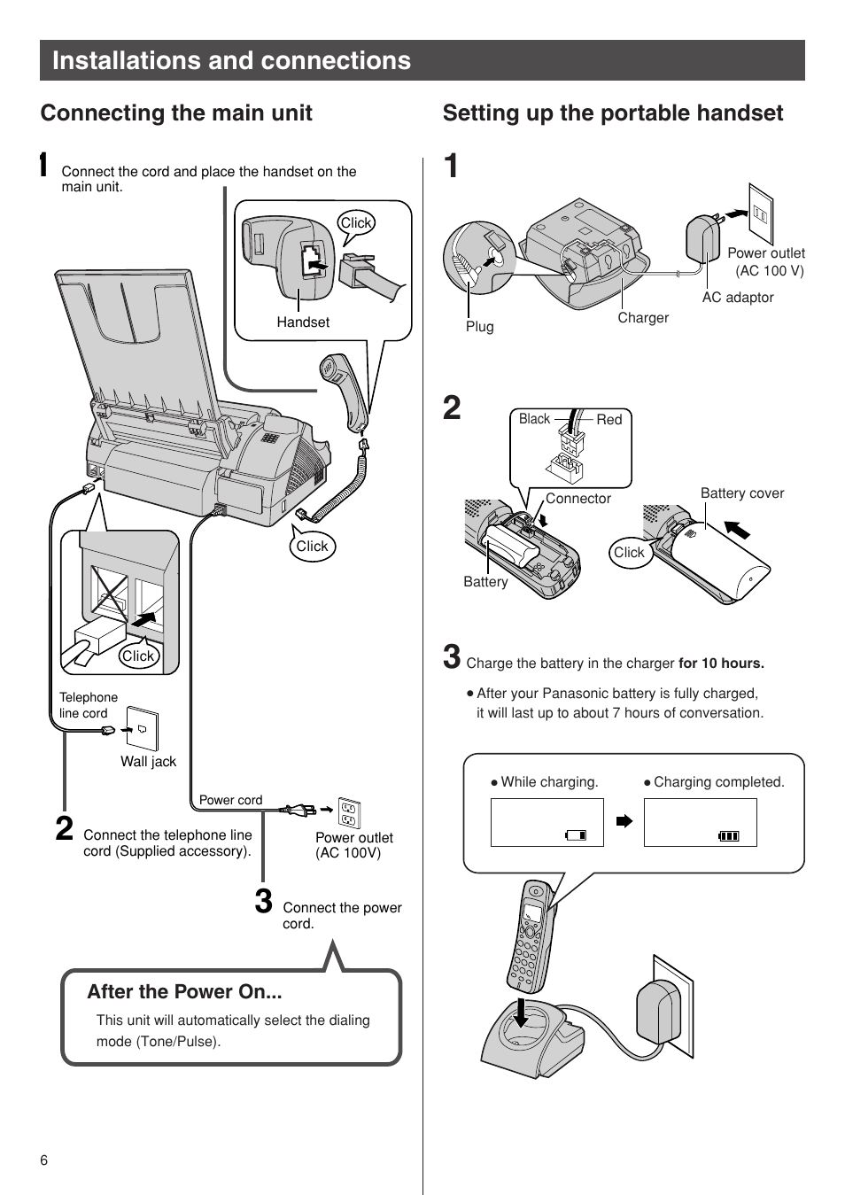 Installations and connections, Connecting the main unit, Setting up the portable handset | Panasonic KX-PW501DW User Manual | Page 6 / 20