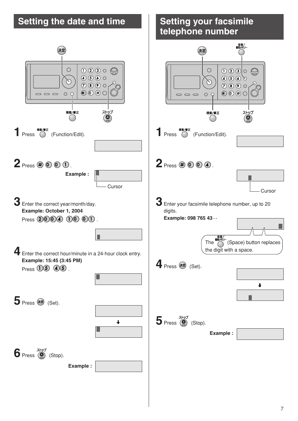Setting the date and time, Setting your facsimile telephone number | Panasonic KX-PW501DW User Manual | Page 7 / 20