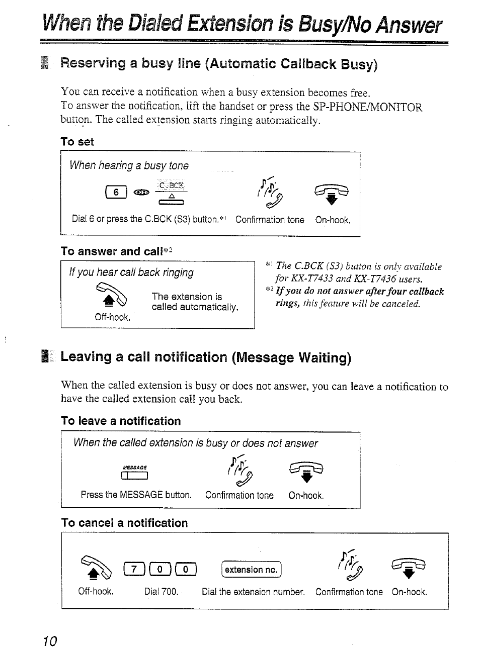 When the dialed extension is busy/no answer, Reserving a busy line (automatic caiiback busy), Il leaving a cail notification (message waiting) | Т]шш | Panasonic KX-T7450 User Manual | Page 10 / 31