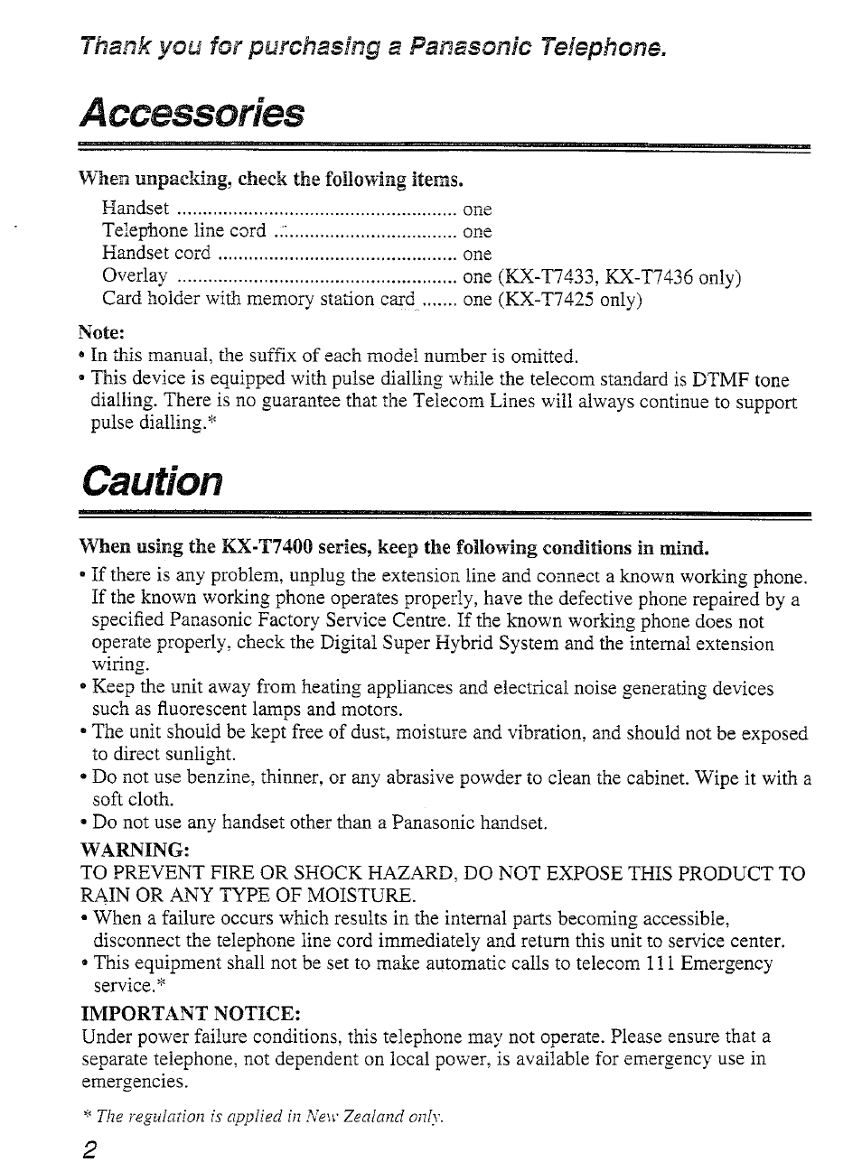 Accessories, Caution | Panasonic KX-T7450 User Manual | Page 2 / 31