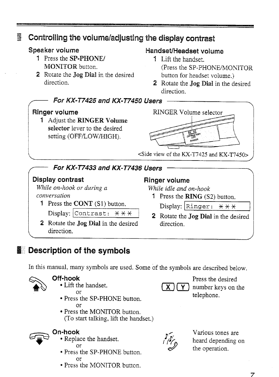 I description of the symbols, Description of the symbols, The sp-phone/ 1 | Jog dial, Kx-t7425 and, Users, Ring | Panasonic KX-T7450 User Manual | Page 7 / 31