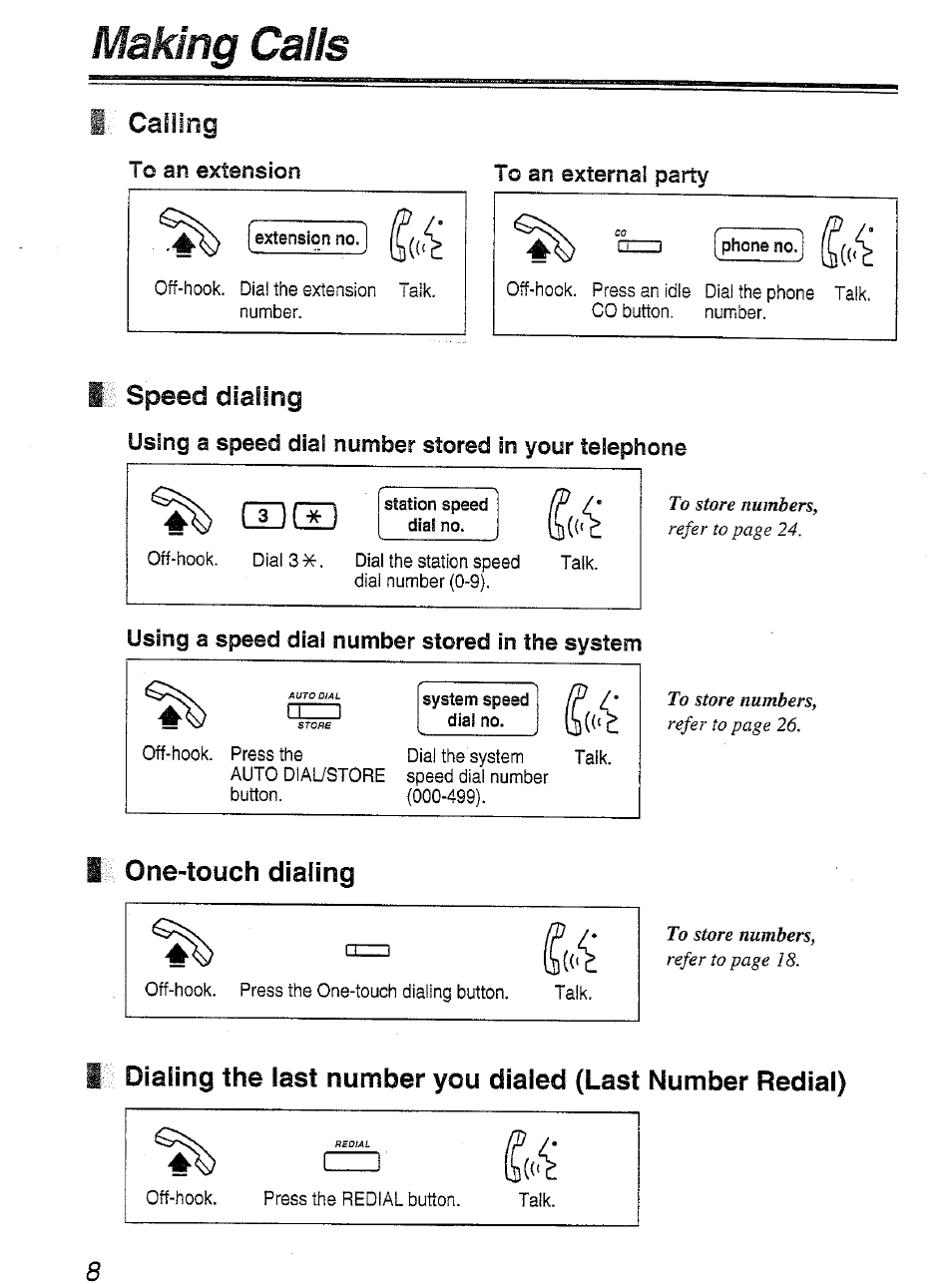 Making calls, I calling, I speed dialing | I one-touch dialing, Making'calls, Calling speed dialing one-touch dialing, Speed dialing, Qdca, 1=1 lid | Panasonic KX-T7450 User Manual | Page 8 / 31