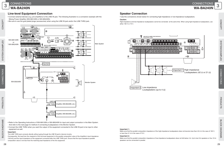 Wa-ba240n, Connections, Line-level equipment connection | Speaker connection | Panasonic WU-RM205E User Manual | Page 15 / 41