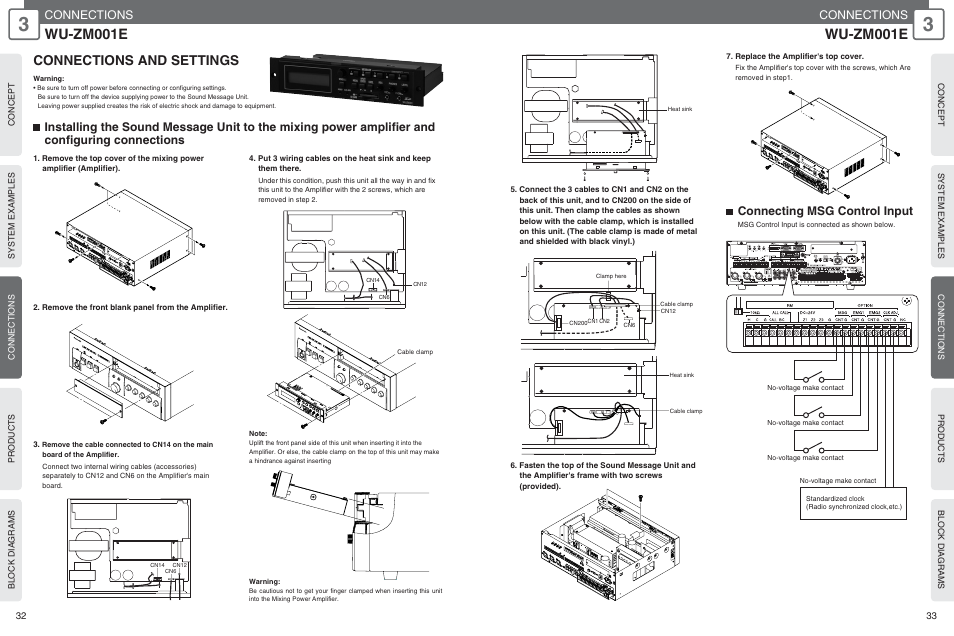 Wu-zm001e, Connections and settings, Connections | Connecting msg control input | Panasonic WU-RM205E User Manual | Page 17 / 41