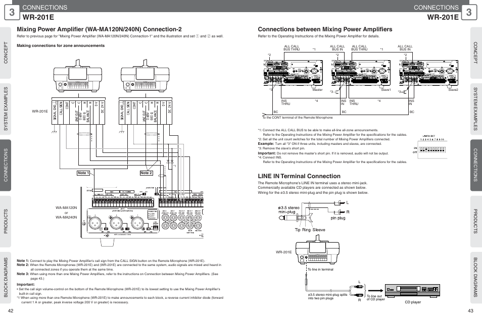 Wr-201e, Connections, Connections between mixing power amplifiers | Line in terminal connection | Panasonic WU-RM205E User Manual | Page 22 / 41