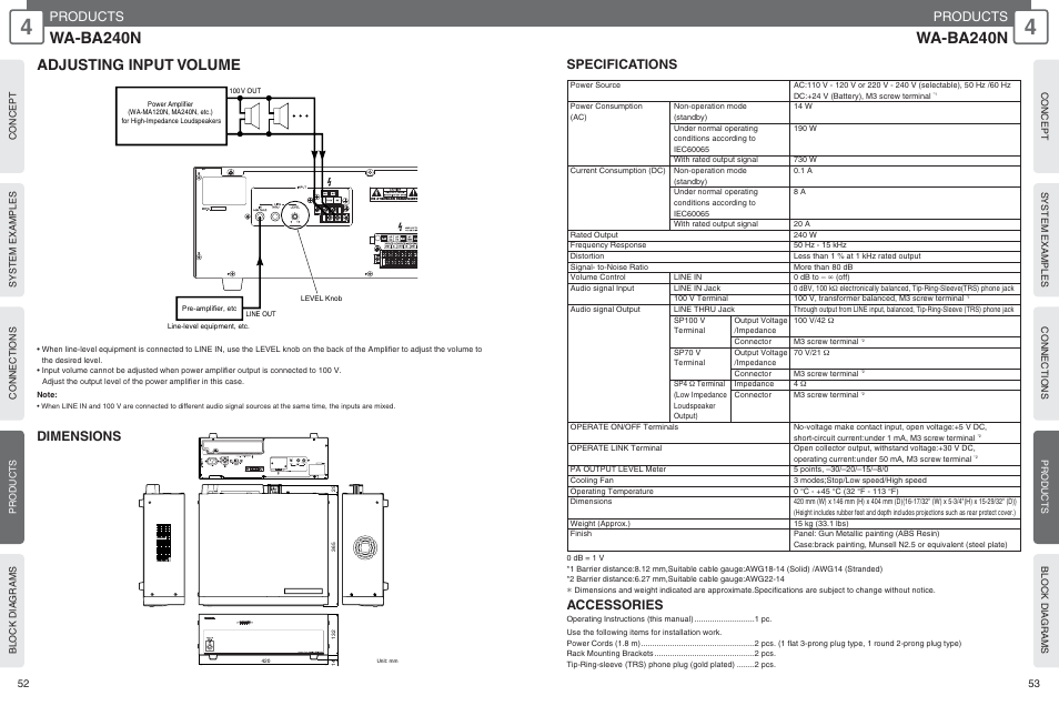 Wa-ba240n, Adjusting input volume, Products | Dimensions, Specifications, Accessories | Panasonic WU-RM205E User Manual | Page 27 / 41