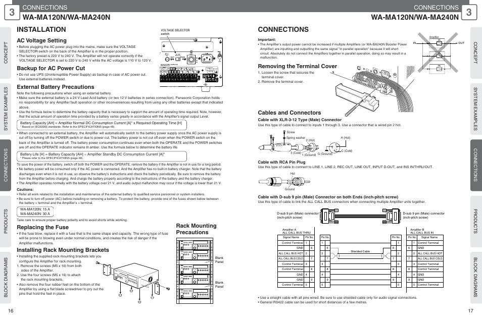 Installation, Connections, Ac voltage setting | Backup for ac power cut, Replacing the fuse, Installing rack mounting brackets, Cables and connectors, Removing the terminal cover | Panasonic WU-RM205E User Manual | Page 9 / 41