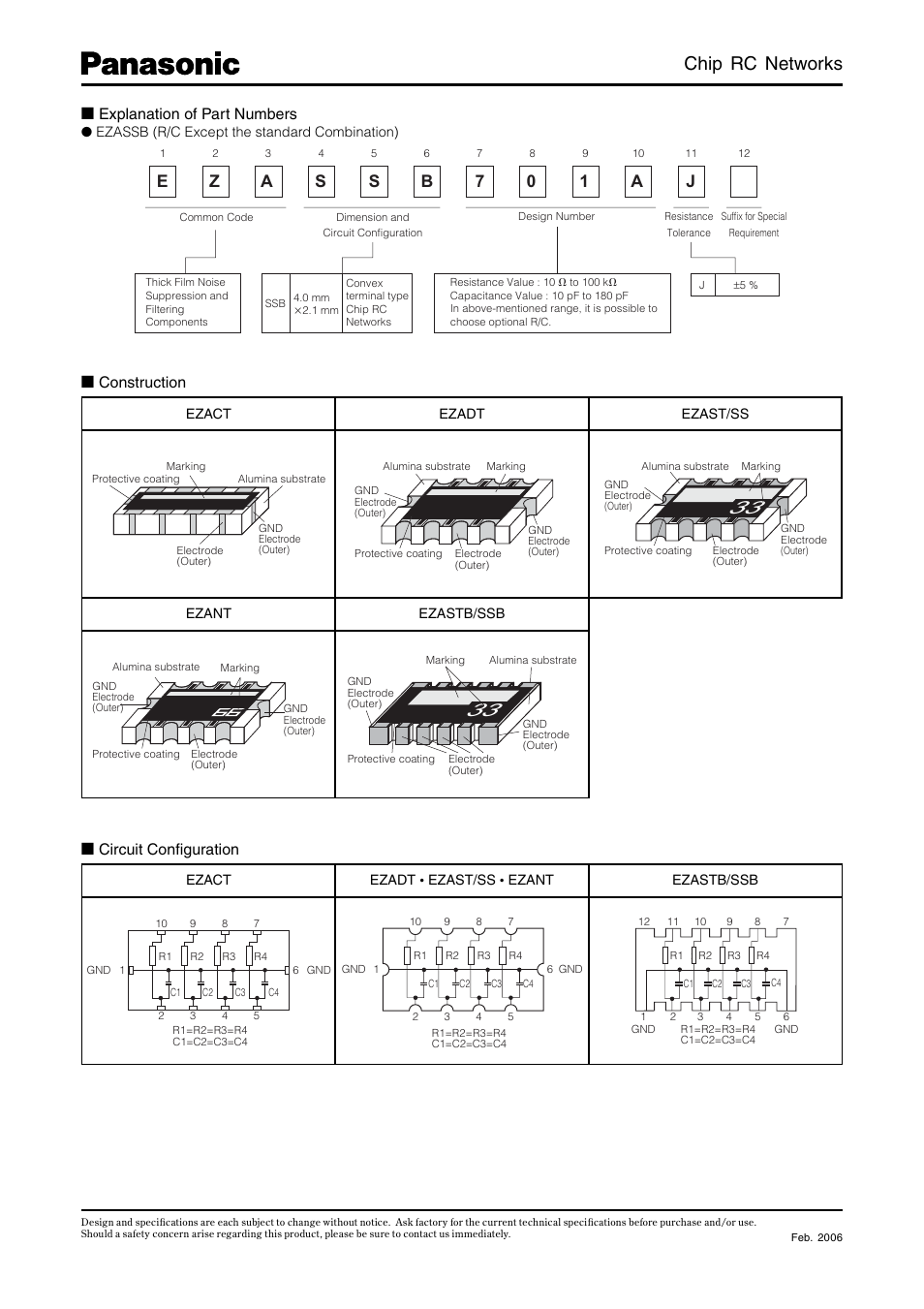 Chip rc networks, Explanation of part numbers, Construction | Circuit confi guration | Panasonic Chip RC Networks EZADT User Manual | Page 3 / 9