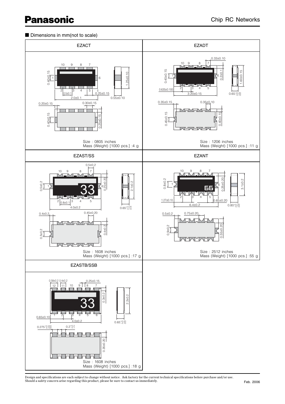 Chip rc networks, Dimensions in mm(not to scale), Ezact ezadt | Ezast/ss ezant, Ezastb/ssb | Panasonic Chip RC Networks EZADT User Manual | Page 4 / 9