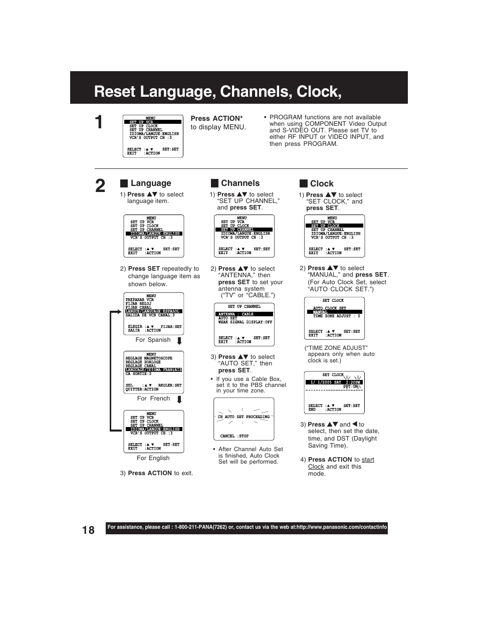 Basic operation, Reset language, channels, clock | Panasonic PV-D4735S User Manual | Page 18 / 72