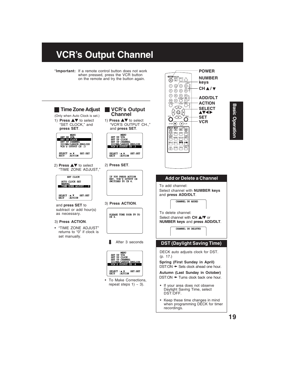 Time zone adjust, Vcr’s output channel | Panasonic PV-D4735S User Manual | Page 19 / 72