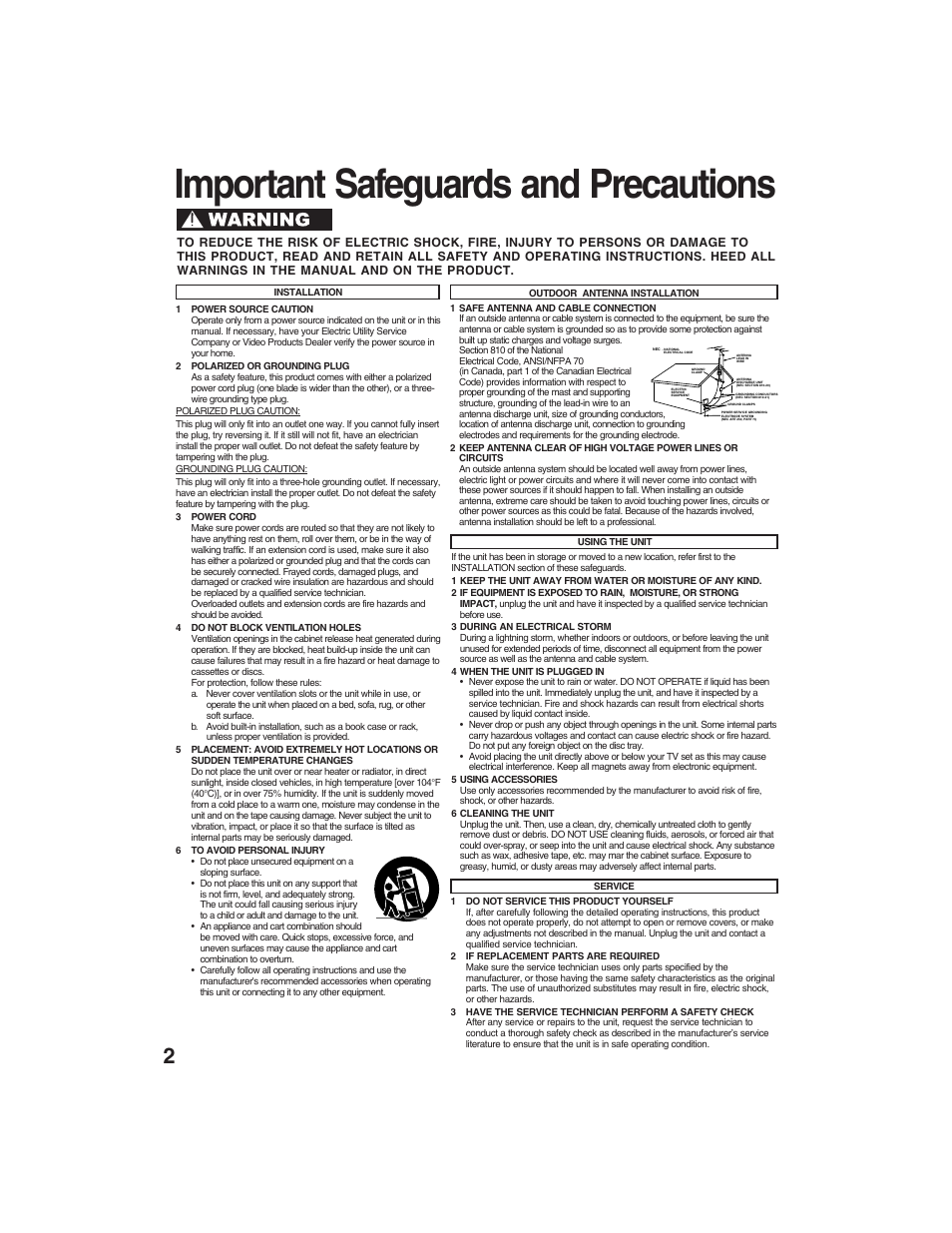 Initial setup (connection), Important safeguards and precautions | Panasonic PV-D4735S User Manual | Page 2 / 72