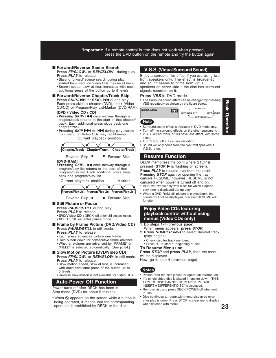 V.s.s, Auto-power off function, Resume function | Panasonic PV-D4735S User Manual | Page 23 / 72