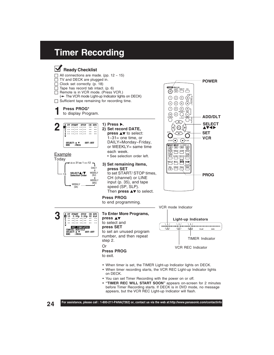 Vcr operation, Timer recording | Panasonic PV-D4735S User Manual | Page 24 / 72