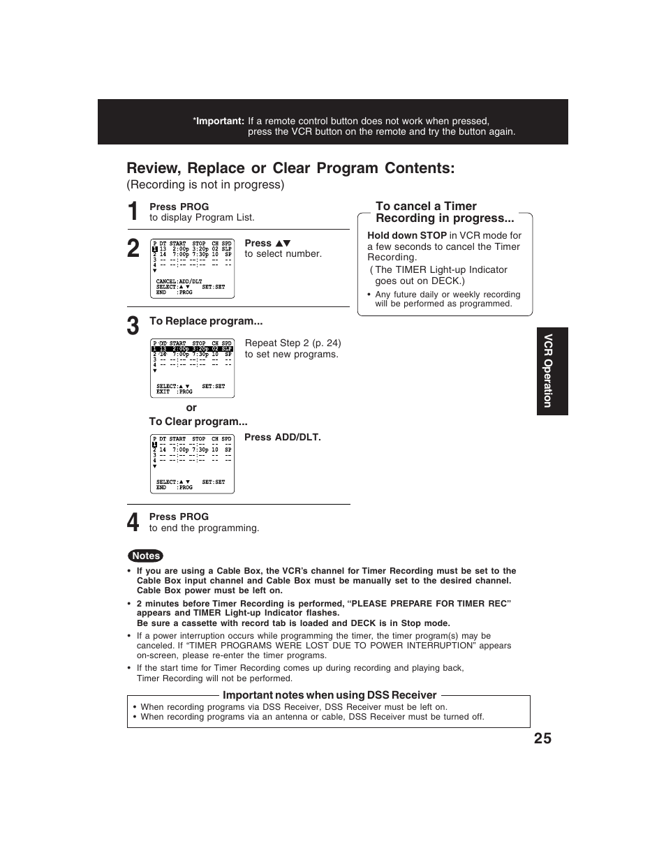 Review, replace or clear program contents | Panasonic PV-D4735S User Manual | Page 25 / 72