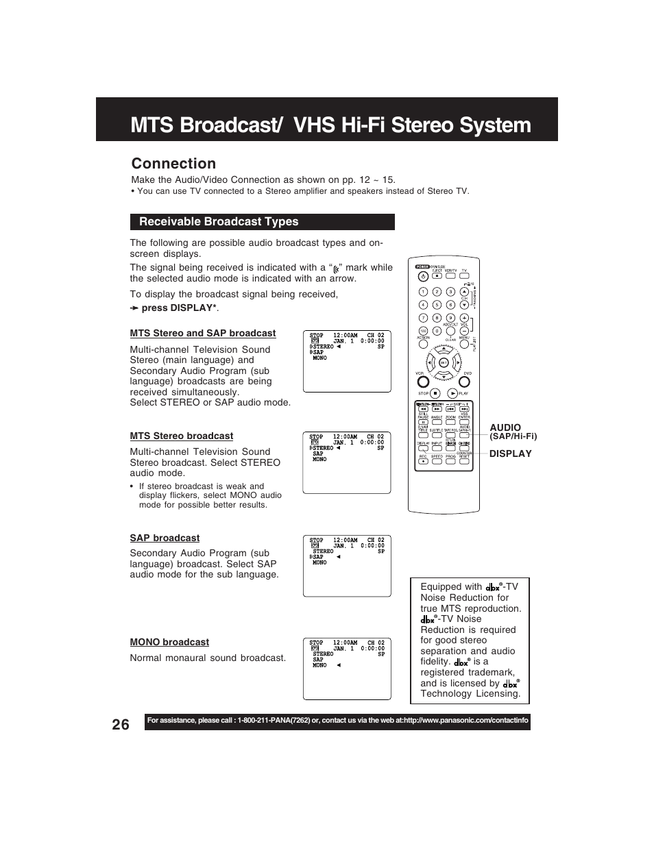 Mts broadcast / vhs hi-fi stereo system, Mts broadcast/ vhs hi-fi stereo system, Connection | Panasonic PV-D4735S User Manual | Page 26 / 72