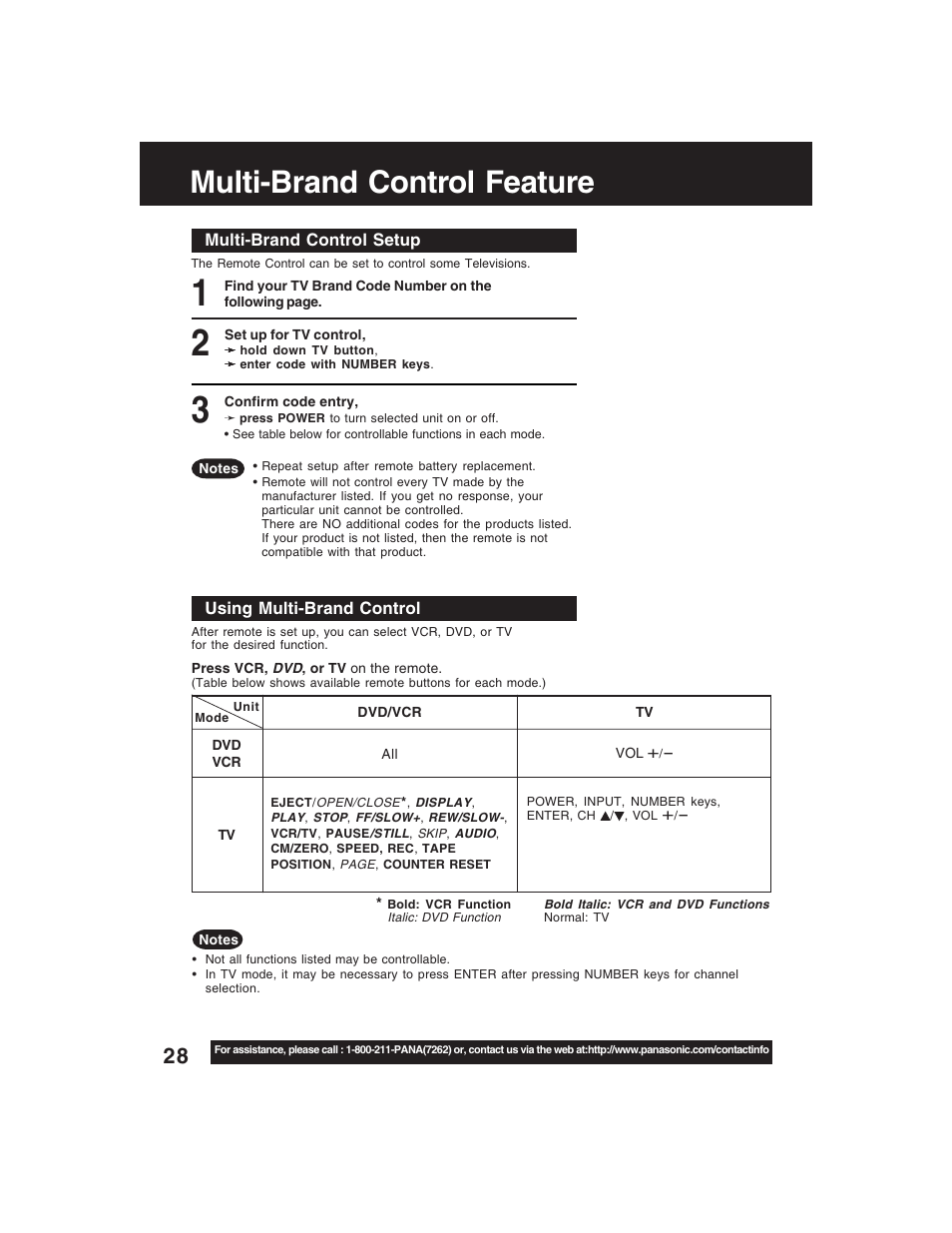 Multi-brand control feature | Panasonic PV-D4735S User Manual | Page 28 / 72