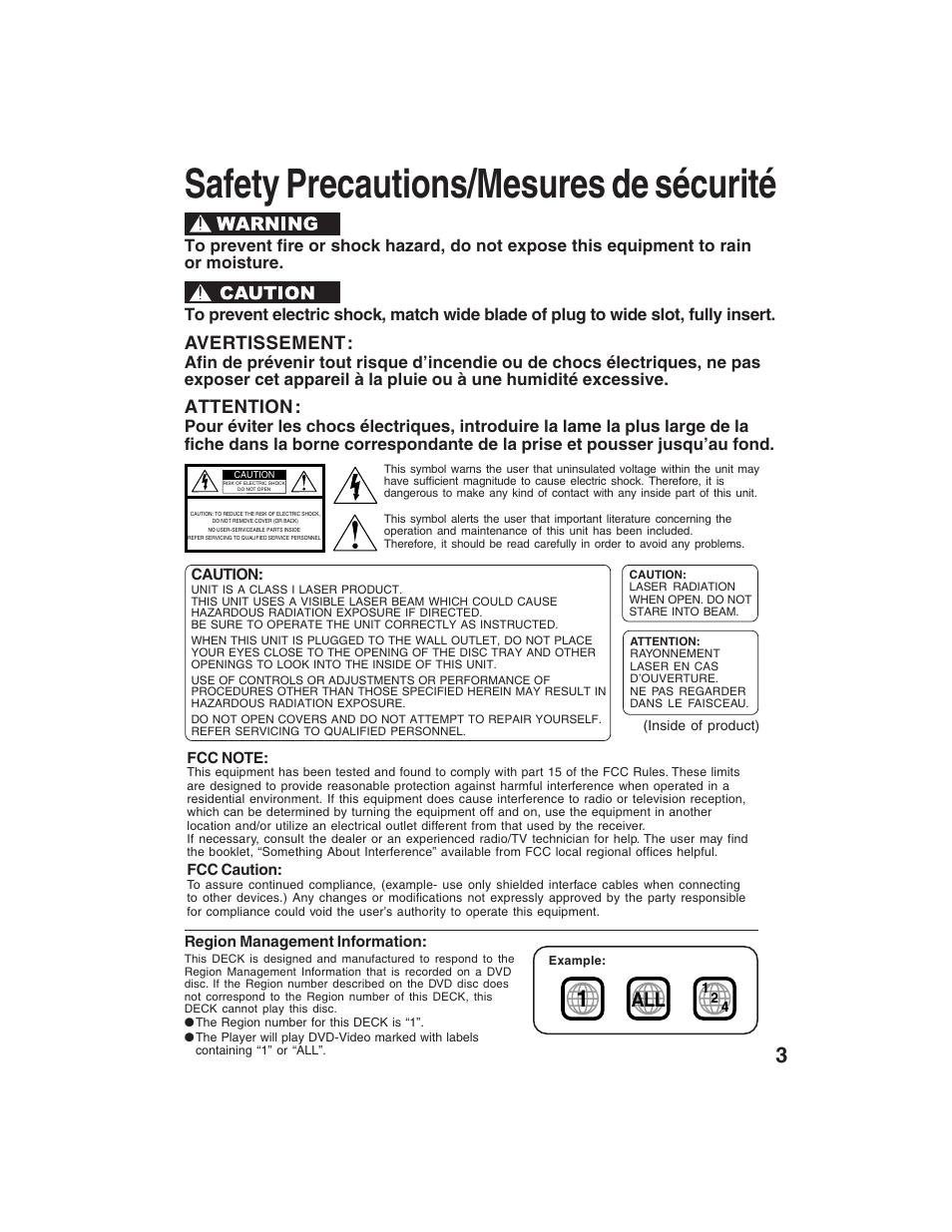 Safety precautions/mesures de sécurité, Avertissement, Attention | Panasonic PV-D4735S User Manual | Page 3 / 72