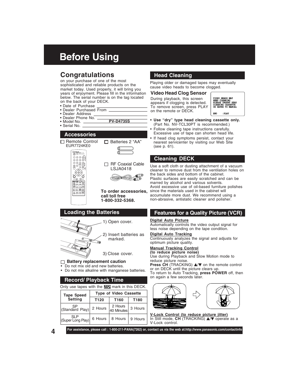 Before using, Record/ playback time, Accessories | Head cleaning, Features for a quality picture (vcr) cleaning deck, Loading the batteries | Panasonic PV-D4735S User Manual | Page 4 / 72