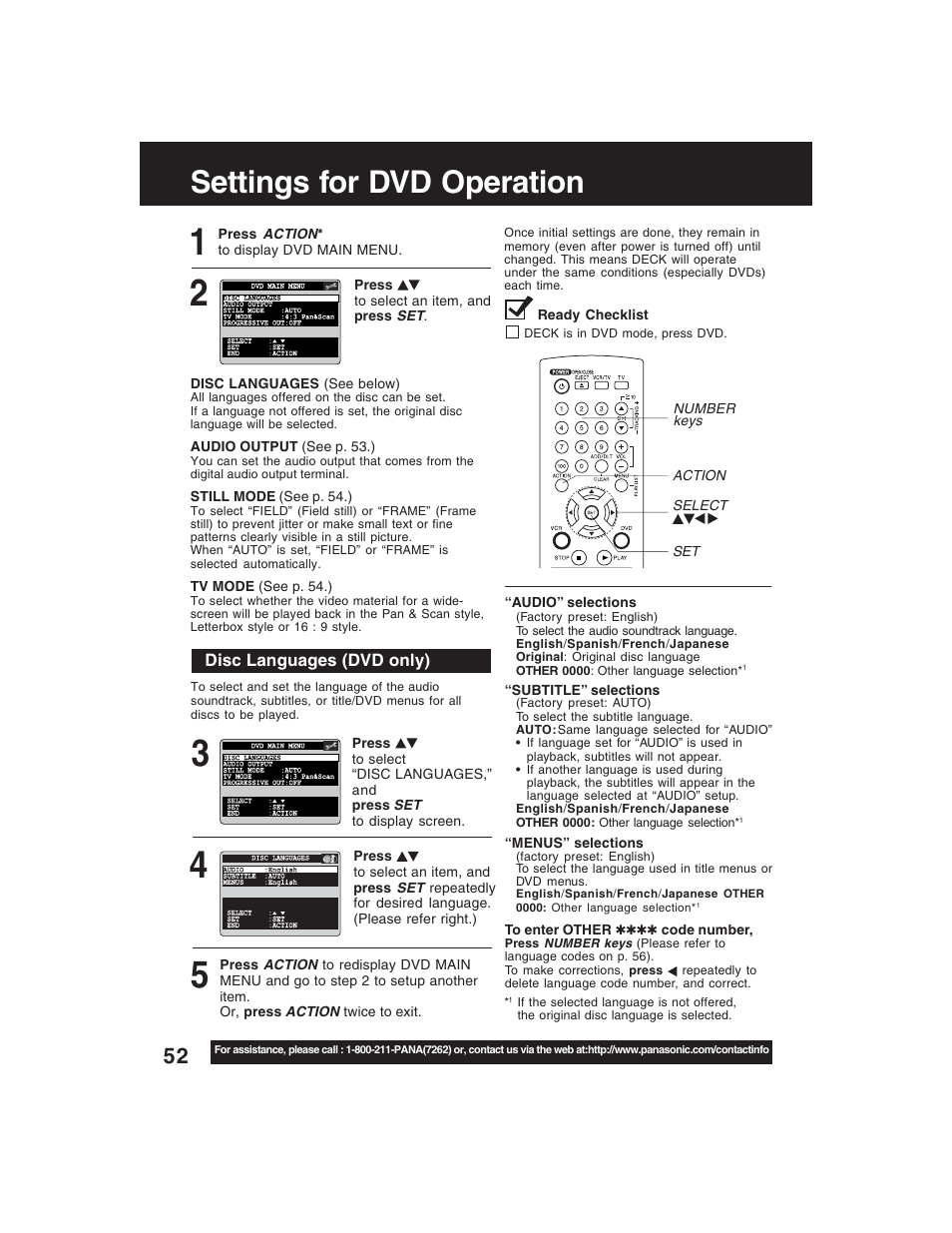 Settings for dvd operation | Panasonic PV-D4735S User Manual | Page 52 / 72