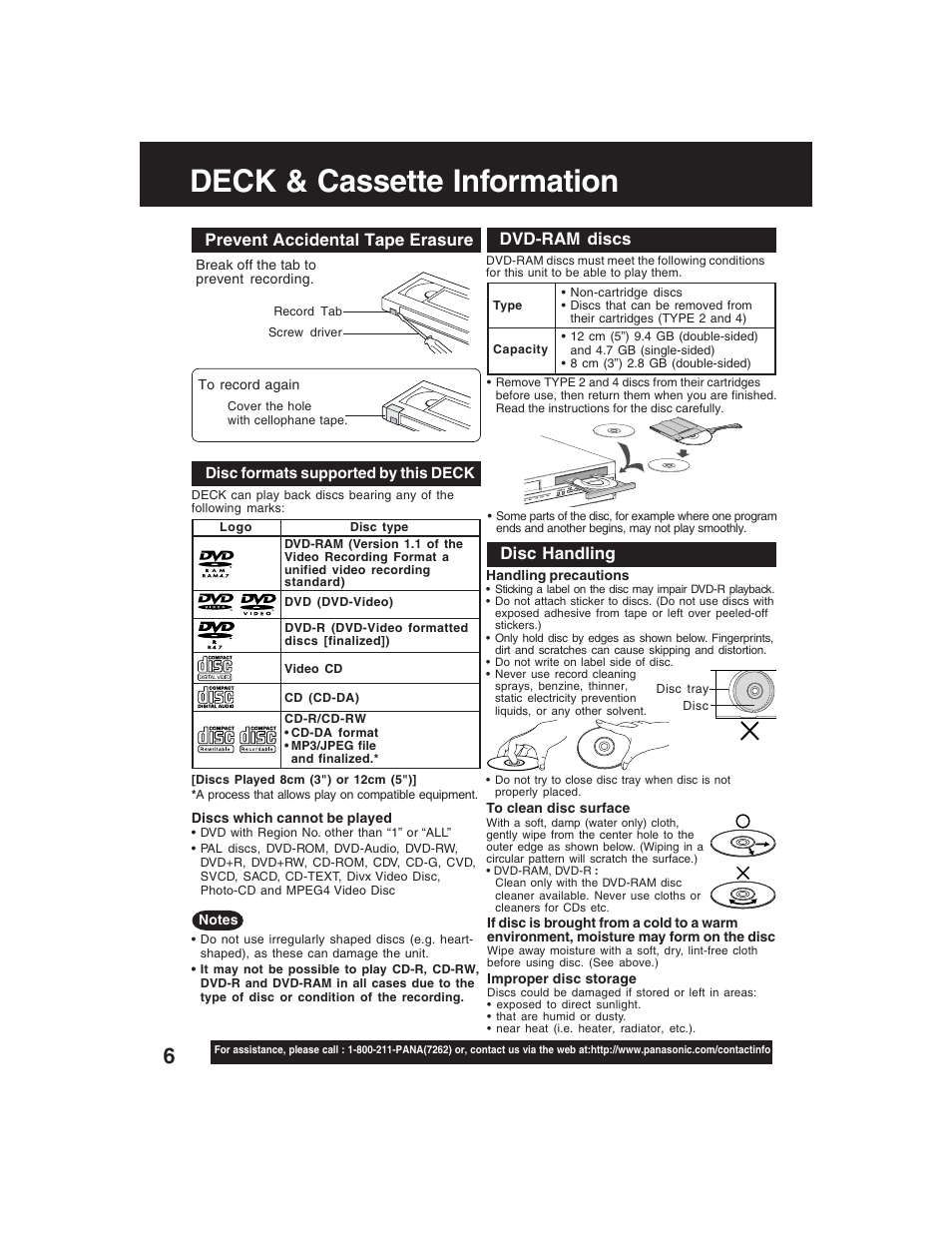 Deck and cassette information, Deck & cassette information, Prevent accidental tape erasure | Dvd-ram discs, Disc handling | Panasonic PV-D4735S User Manual | Page 6 / 72