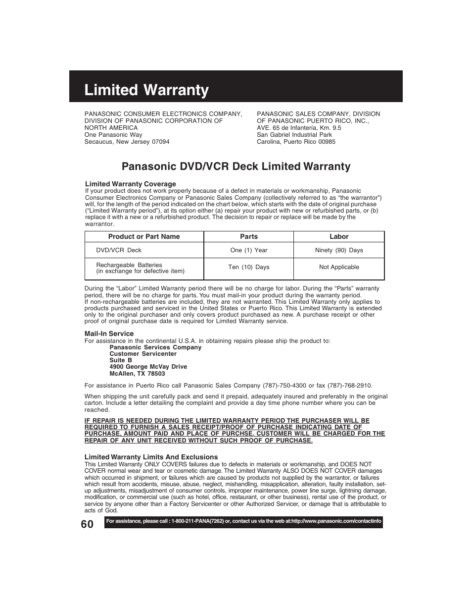 Limited warranty, Panasonic dvd/vcr deck limited warranty | Panasonic PV-D4735S User Manual | Page 60 / 72