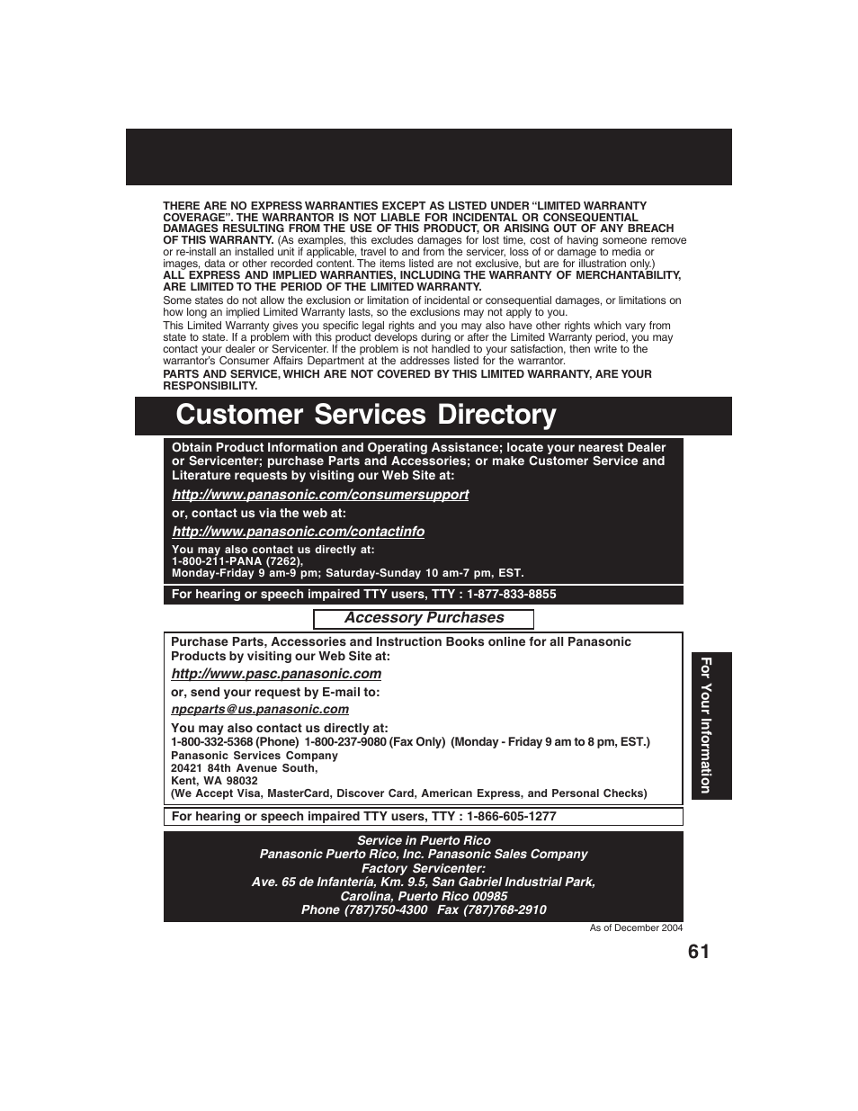 Customer services directory | Panasonic PV-D4735S User Manual | Page 61 / 72