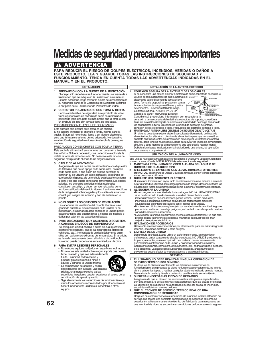 Spanish (espanol) quick use guide, Medidas de seguridad y precauciones importantes | Panasonic PV-D4735S User Manual | Page 62 / 72