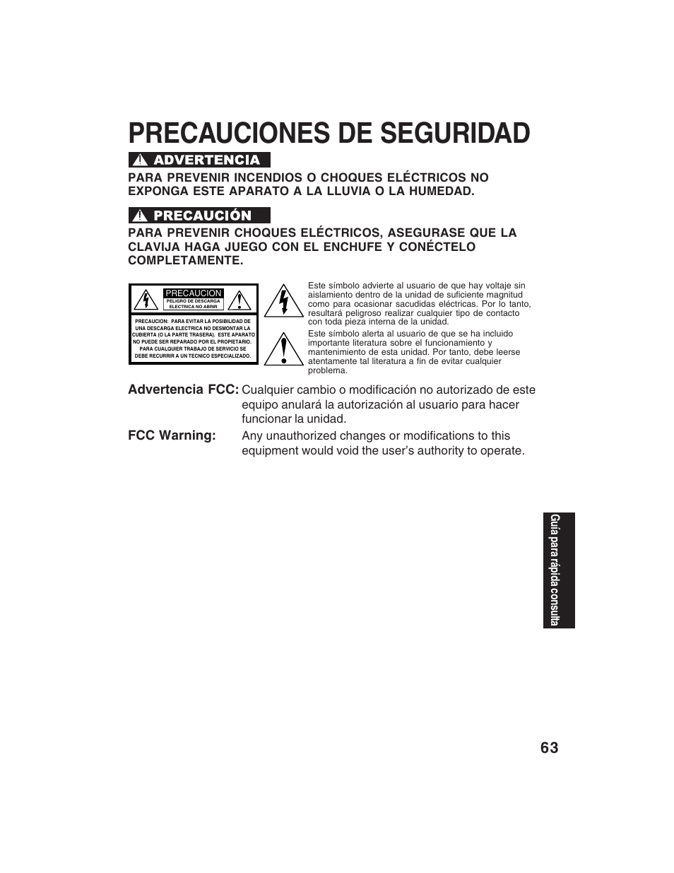 Precauciones de seguridad, Advertencia fcc, Fcc warning | Panasonic PV-D4735S User Manual | Page 63 / 72