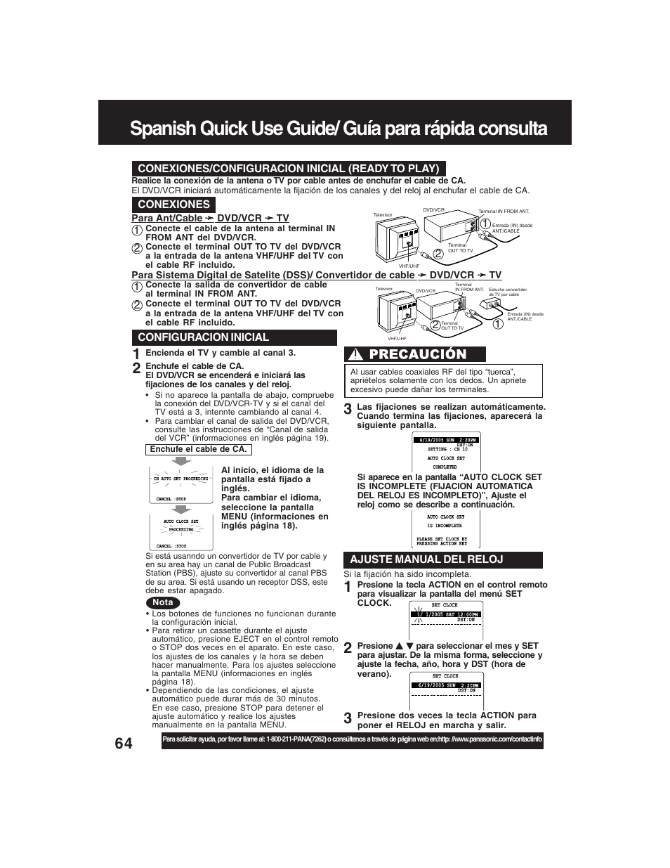 Spanish quick use guide/ guía para rápida consulta, Para ajustar el idioma, canal y | Panasonic PV-D4735S User Manual | Page 64 / 72