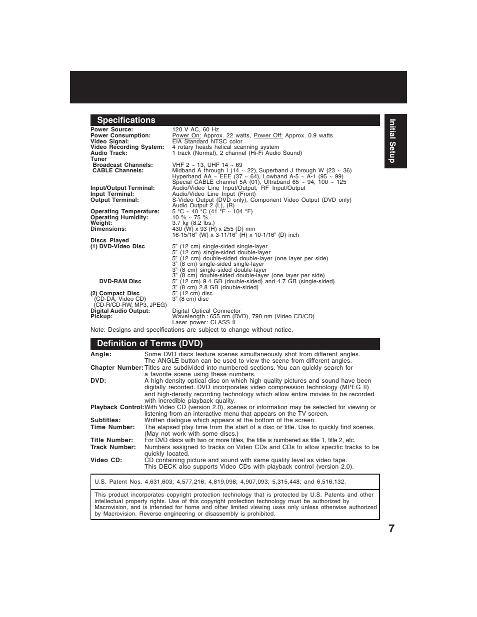 Specifications, Definition of terms (dvd) | Panasonic PV-D4735S User Manual | Page 7 / 72