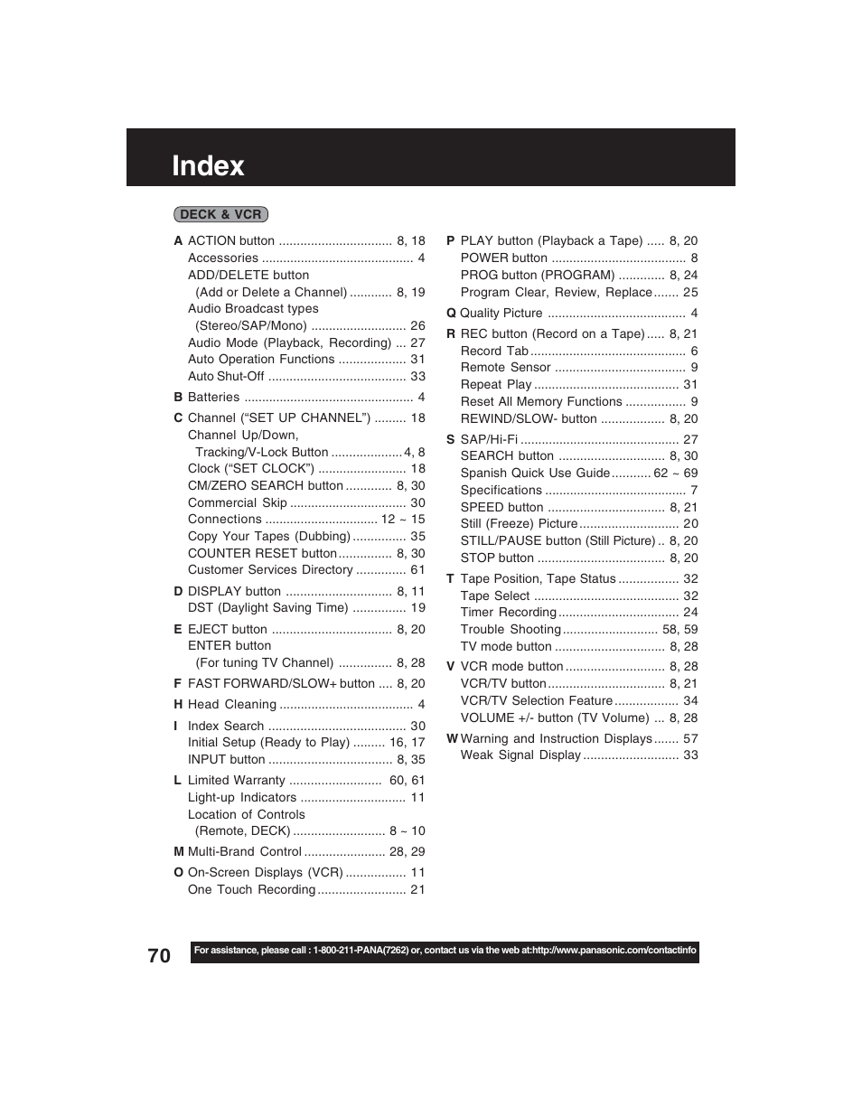 Index | Panasonic PV-D4735S User Manual | Page 70 / 72