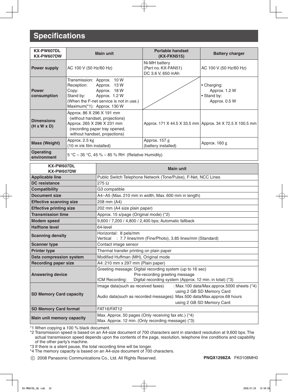 Specifications | Panasonic KX-PW607DW User Manual | Page 24 / 24