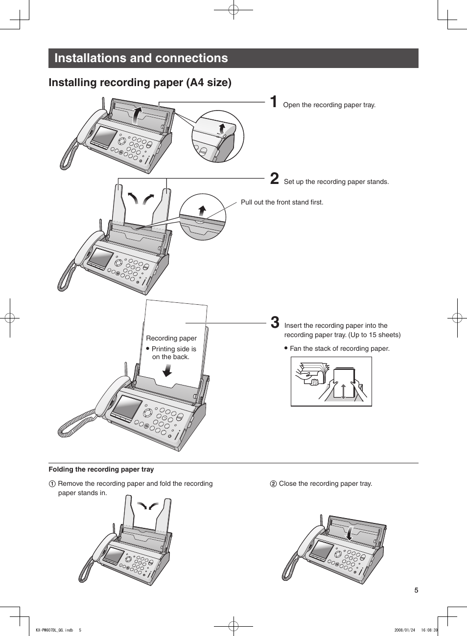 Installations and connections, Installing recording paper (a4 size) | Panasonic KX-PW607DW User Manual | Page 5 / 24