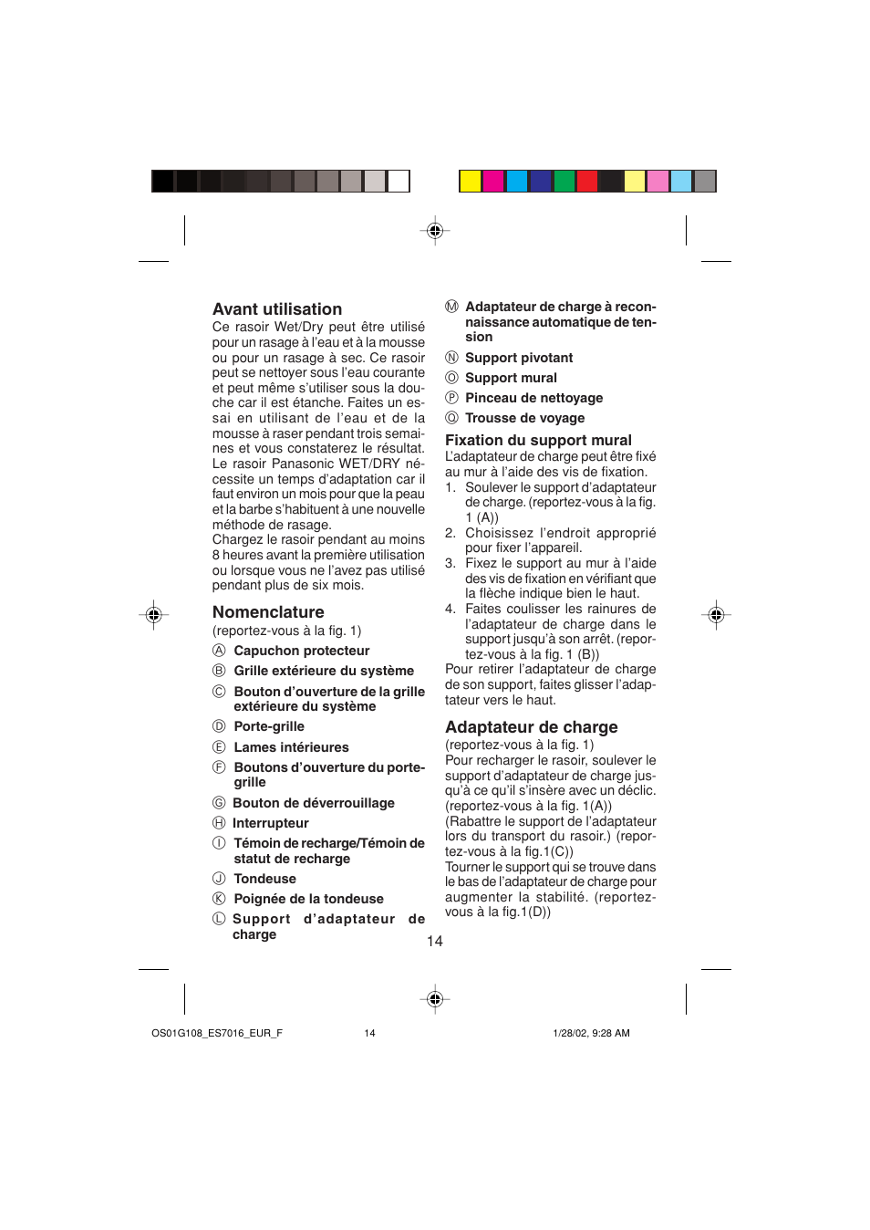 Avant utilisation, Nomenclature, Adaptateur de charge | Panasonic ES7016 User Manual | Page 14 / 80