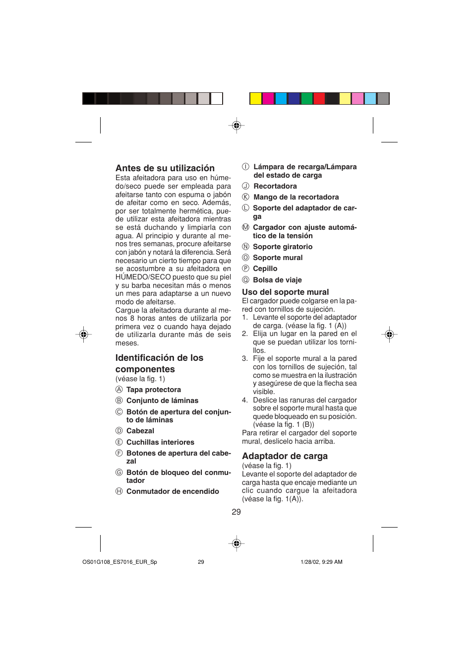 Antes de su utilización, Identificación de los componentes, Adaptador de carga | Panasonic ES7016 User Manual | Page 29 / 80