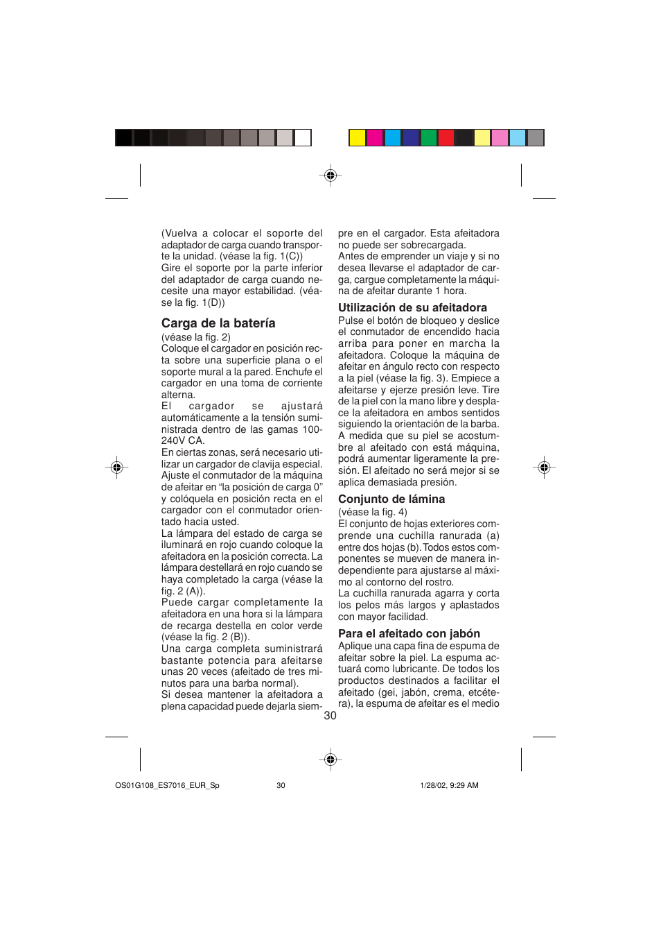 Carga de la batería | Panasonic ES7016 User Manual | Page 30 / 80