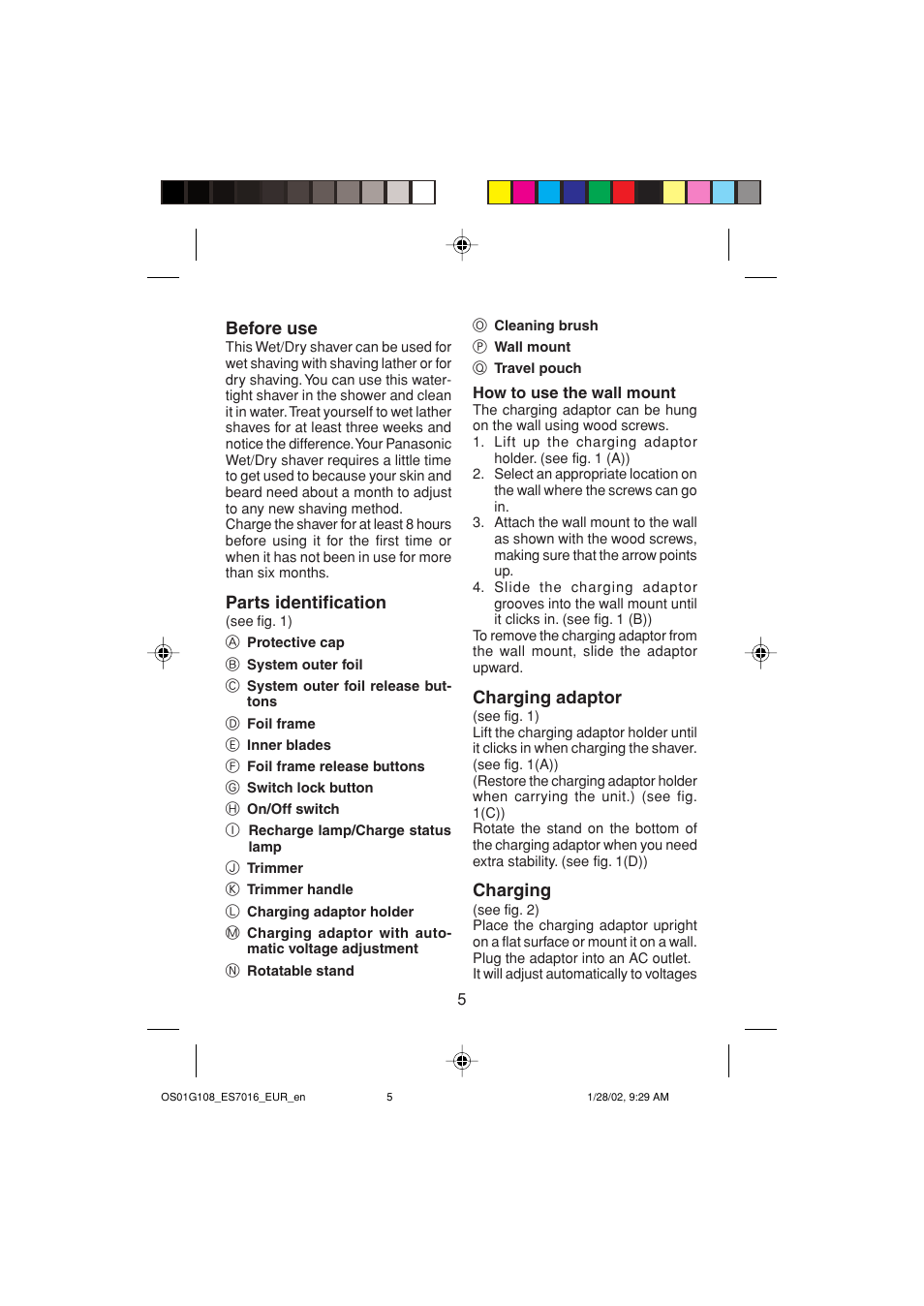 Before use, Parts identification, Charging adaptor | Charging | Panasonic ES7016 User Manual | Page 5 / 80