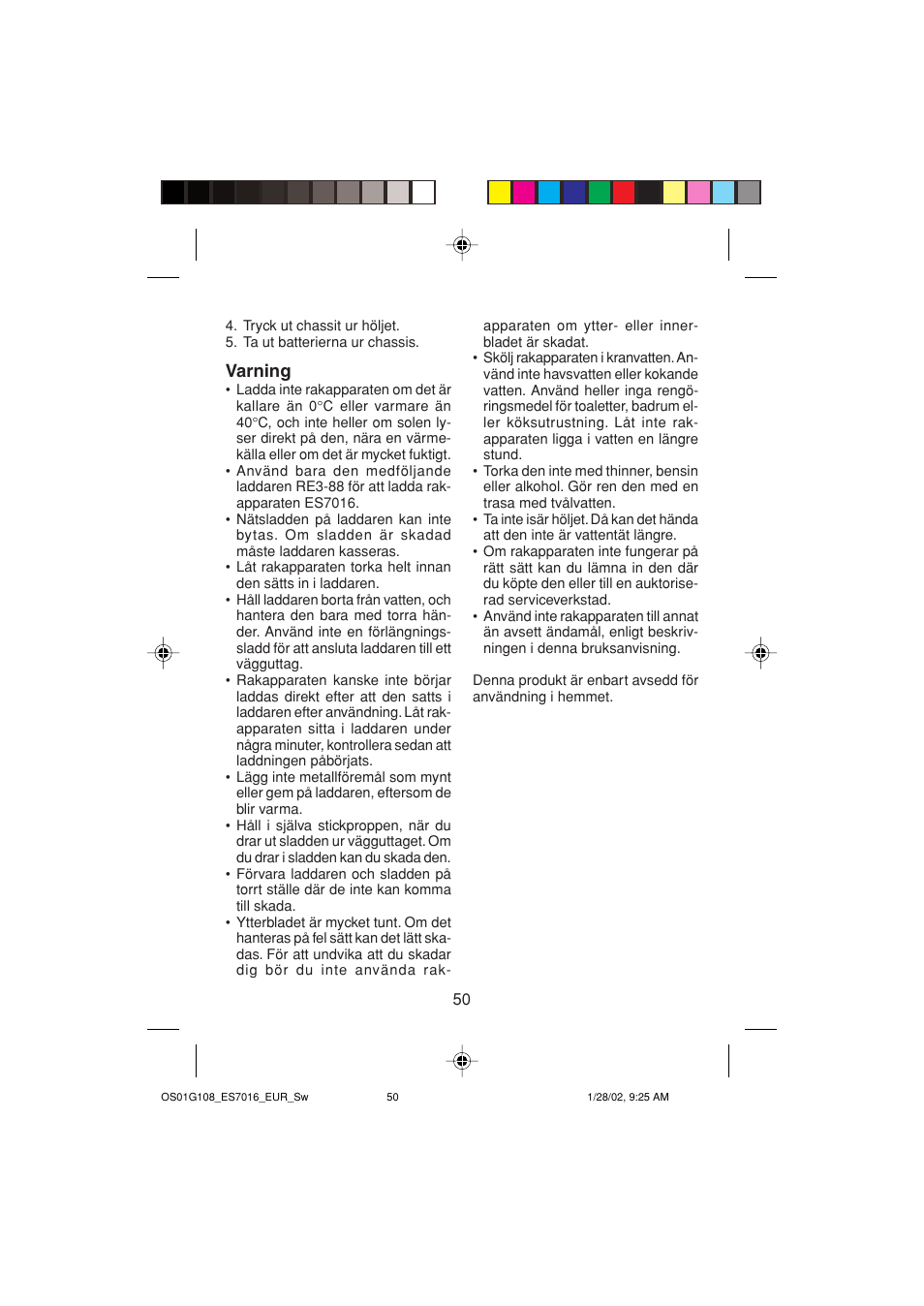 Varning | Panasonic ES7016 User Manual | Page 50 / 80