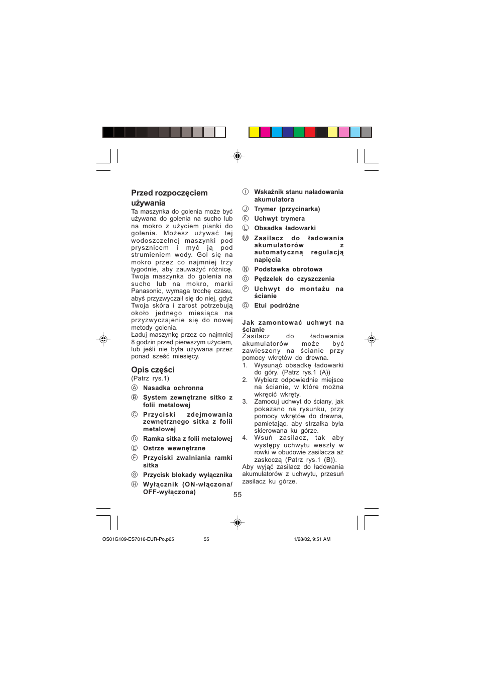 Przed rozpoczęciem używania, Opis części | Panasonic ES7016 User Manual | Page 55 / 80