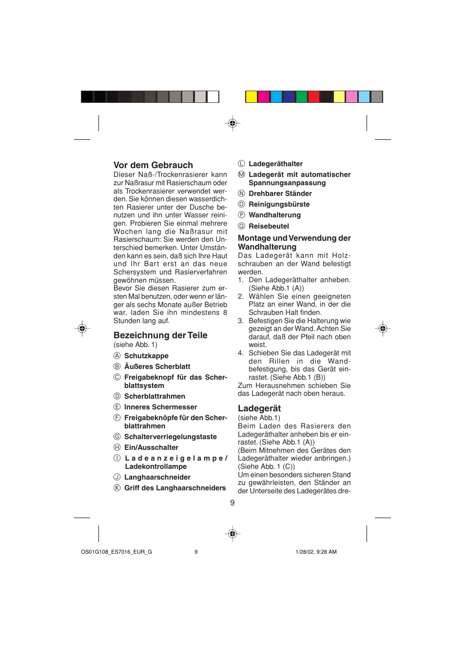 Vor dem gebrauch, Bezeichnung der teile, Ladegerät | Panasonic ES7016 User Manual | Page 9 / 80