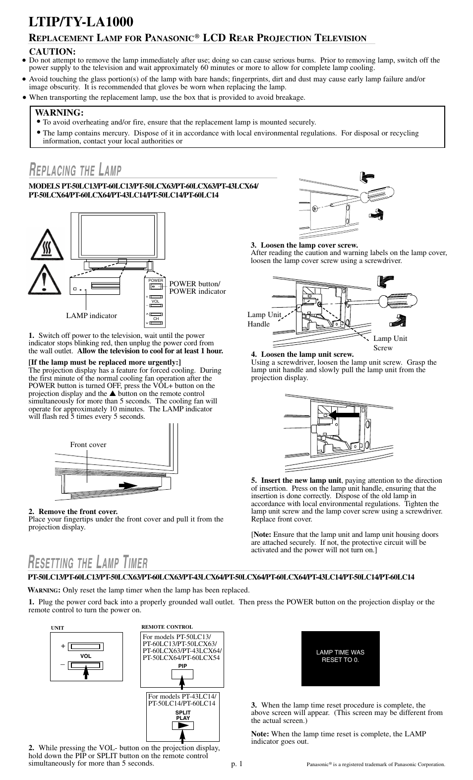 Panasonic PT-50LCX63 User Manual | 2 pages
