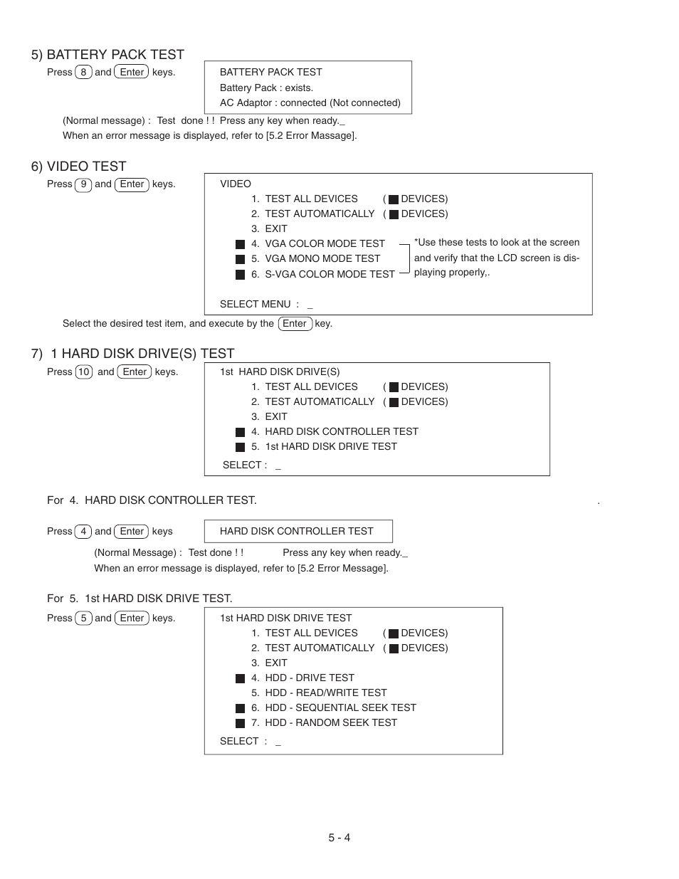 5) battery pack test, 6) video test, 7) 1 hard disk drive(s) test | Panasonic CF-72 User Manual | Page 29 / 69