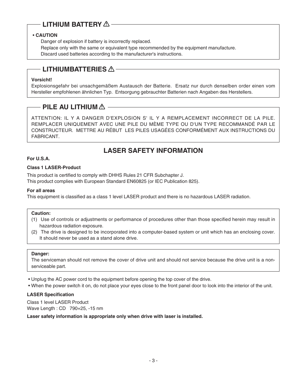 Laser safety information, Lithiumbatteries, Pile au lithium lithium battery | Panasonic CF-72 User Manual | Page 3 / 69