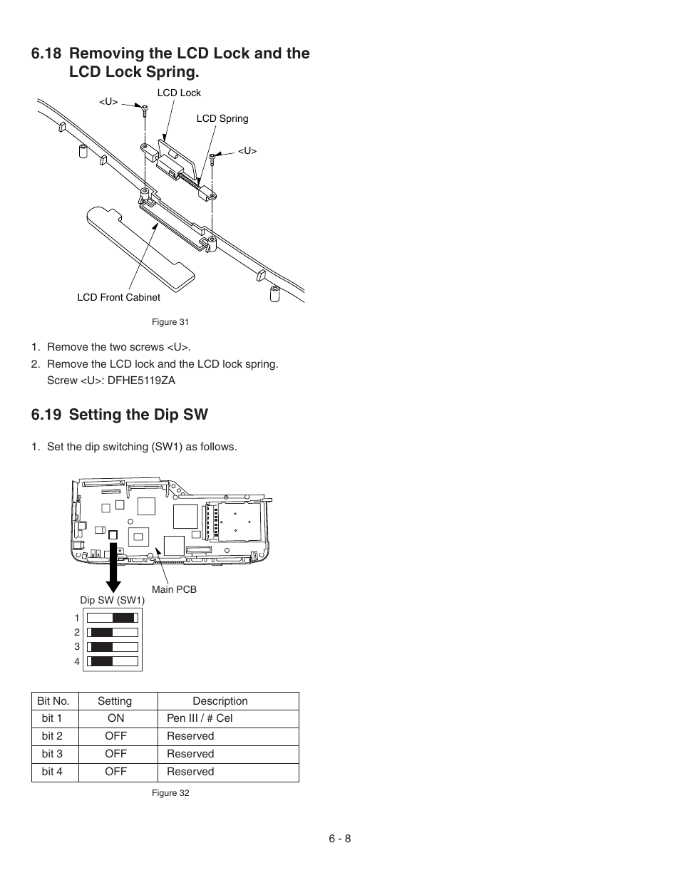 Removing the lcd lock and the lcd lock spring, 19 setting the dip sw, 18 removing the lcd lock and the lcd lock spring | Panasonic CF-72 User Manual | Page 48 / 69