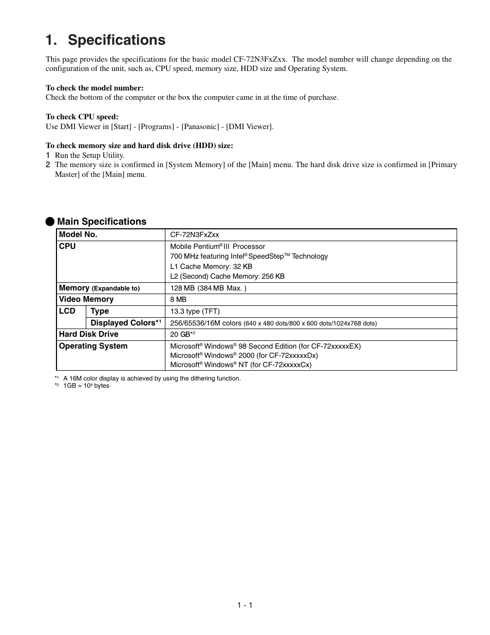 Specifications, Main specifications | Panasonic CF-72 User Manual | Page 5 / 69