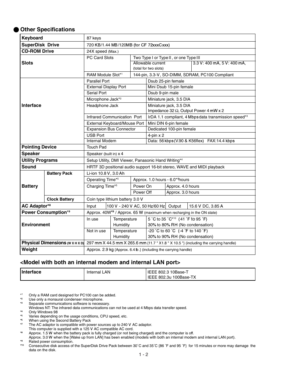 Mb (for cf 72xxxcxxx), Mbps, Kbps | Other specifications | Panasonic CF-72 User Manual | Page 6 / 69